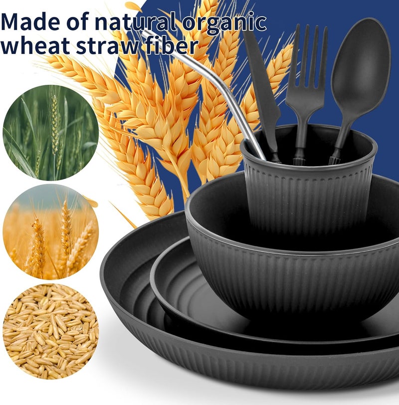 HOMMALY Wheat Straw Dinnerware Sets64Piece Black Plates and Bowls Sets for 8UnbreakableReusable Plastic Dish SetDinner PlateDessert PlateCereal BowlCupUtensilsMicrowavable Dishwasher Safe 64PBLACK - Image 5