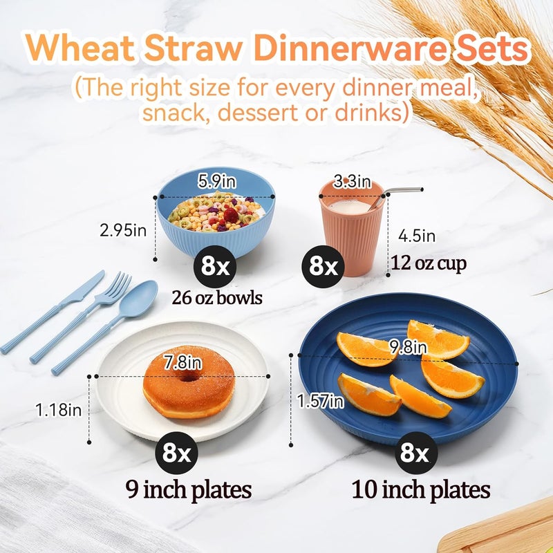 HOMMALY Wheat Straw Dinnerware Sets64Piece Black Plates and Bowls Sets for 8UnbreakableReusable Plastic Dish SetDinner PlateDessert PlateCereal BowlCupUtensilsMicrowavable Dishwasher Safe 64PBLACK - Image 2