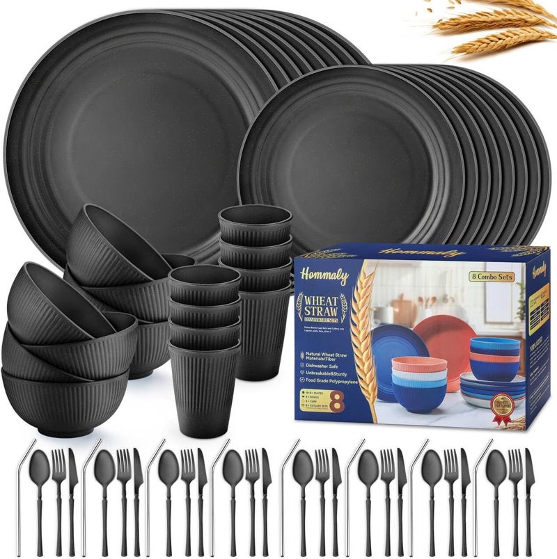 HOMMALY Wheat Straw Dinnerware Sets64Piece Black Plates and Bowls Sets for 8UnbreakableReusable Plastic Dish SetDinner PlateDessert PlateCereal BowlCupUtensilsMicrowavable Dishwasher Safe 64PBLACK - Image 1