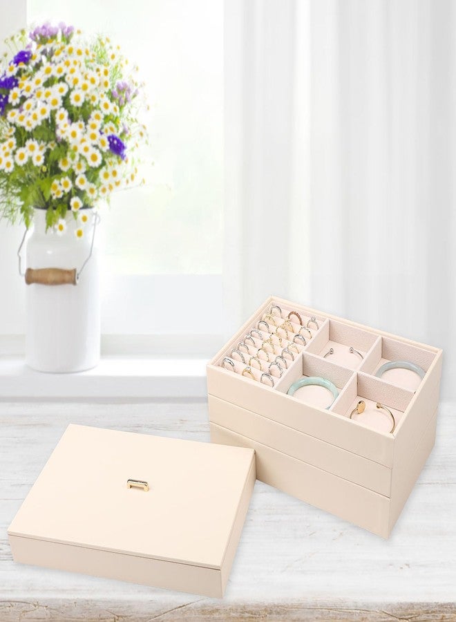 Voova Stackable Jewelry Organizer Tray with Lid, PU Leather Jewelry Storage Holder for Drawer Inserts, Jewellery Display Box Case for Earring Necklace Ring Watch Bracelet (Set of 4, Apricot) - Image 4