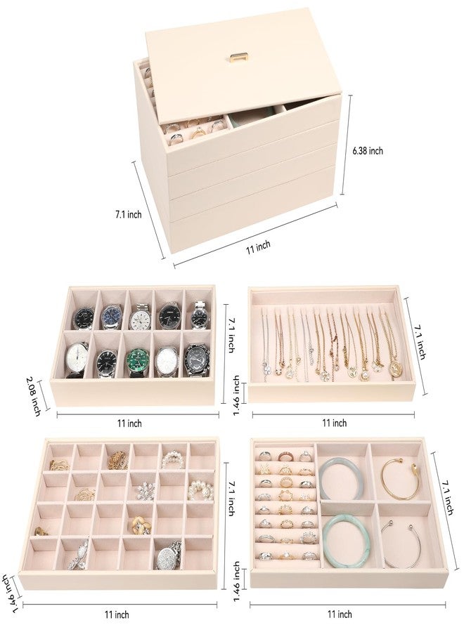 Voova Stackable Jewelry Organizer Tray with Lid, PU Leather Jewelry Storage Holder for Drawer Inserts, Jewellery Display Box Case for Earring Necklace Ring Watch Bracelet (Set of 4, Apricot) - Image 5