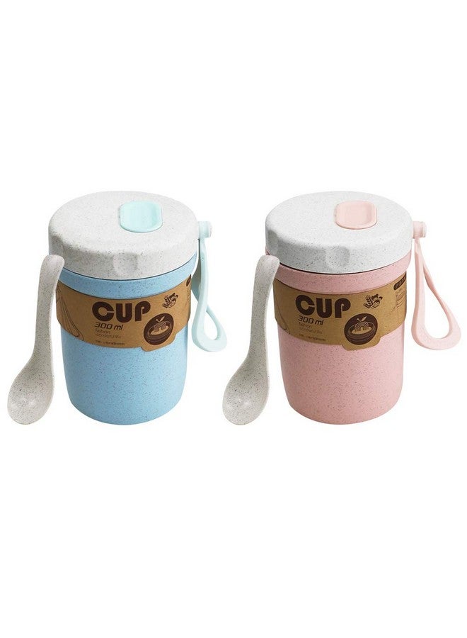 LZYMSZ 2Pcs Wheat Straw Soup Cup, 300Ml Portable Microwaveable Breakfast Cup, 2 Colors Porridge Lunch Box With Spoon For School Office Outdoor Travel Student (Blue And Pink) - Image 1