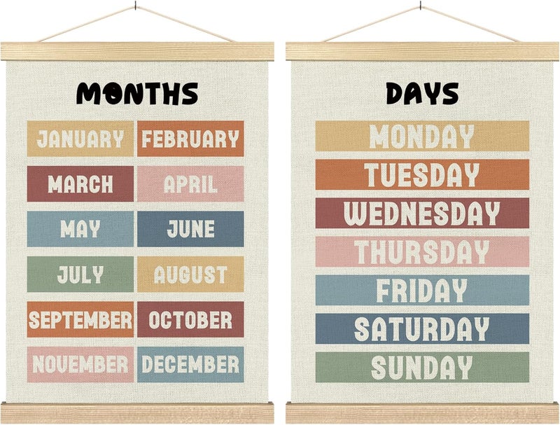 BCUANGD Classroom Wall Decor  Days of the Week Months of the Year Poster Hanger with Wood Frames Set of 2 Neutral Classroom Wall Hanging Canvas Decor for Kids Room Nursery Playroom 12x16 Inches - Image 1