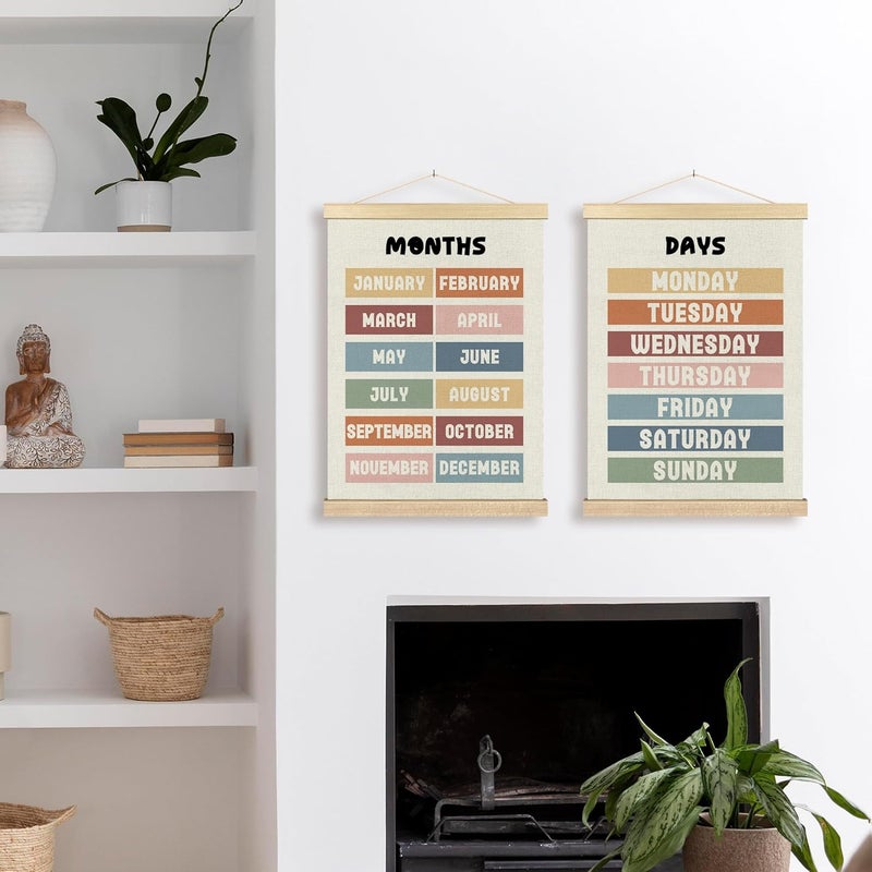 BCUANGD Classroom Wall Decor  Days of the Week Months of the Year Poster Hanger with Wood Frames Set of 2 Neutral Classroom Wall Hanging Canvas Decor for Kids Room Nursery Playroom 12x16 Inches - Image 3