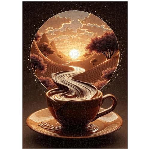 PPuzzling Sunset Coffee Puzzles for Adults 1000 Pieces Fantasy River Nature Landscape Art Jigsaw Puzzle Challenging Aesthetic Coffee Cup Puzzle for Home Wall Decor - Image 1