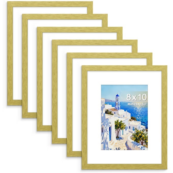 8X10 PICTURE FRAME SET OF 6 DISPLAY PICTURES 5X7 WITH MAT OR 8X10 WITHOUT MAT FOR WALL MOUNTING OR TABLE TOP DISPLAY PHOTO FRAMES COLLAGE FOR WALL DECOR GOLD