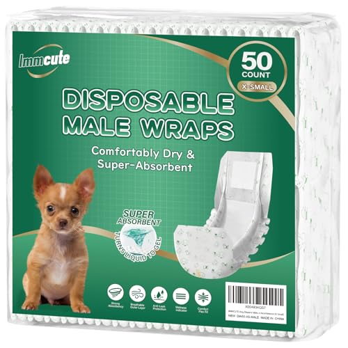 IMMCUTE Dog Diapers Male 50 Ct XS Size SuperAbsorbent Male Dog Wraps Disposable Doggie Diapers with Wetness Indicator Puppy Diapers Male for Marking Excitable Urination - Image 1