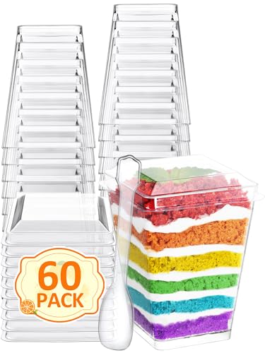 NEEBAKE 60 Sets 5oz Dessert Cups with Lids and Spoon - Parfait Cups with Lids for Appetizer for Party, Plastic Mini Dessert Cups with Spoons Clear with Lids - Image 1