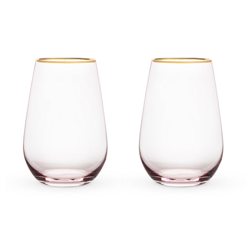 Twine Rose Wine Glasses Gold Rimmed Pink Tinted Crystal Wine Glass Set Stemless Wine Glasses Set of 2 18 Ounces
