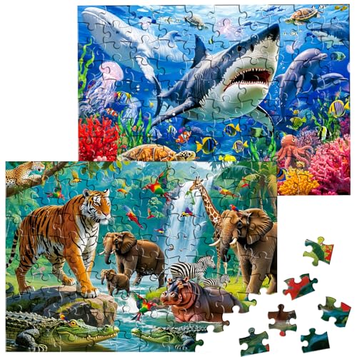 SITODIER Puzzles for Kids Ages 46 2 Pack 100 Pieces Jigsaw Puzzles for Kids 35 46 Forest Animals and Ocean Life Learning Educational Games Beautiful Gift for Kid Toddlers 38 - Image 1