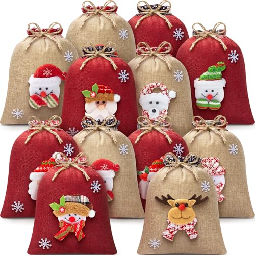 FLOE 12Pcs Burlap Christmas Gift Bags with Drawstring 8x10in 3D Doll Christmas Goody Gift Bags Small Jute Xmas Candy Bag Linen Treat Reusable Xmas Gifts Wrapping Bag Holiday Party Favor Decor Santa Sacks - Image 1