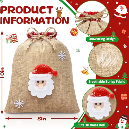 FLOE 12Pcs Burlap Christmas Gift Bags with Drawstring 8x10in 3D Doll Christmas Goody Gift Bags Small Jute Xmas Candy Bag Linen Treat Reusable Xmas Gifts Wrapping Bag Holiday Party Favor Decor Santa Sacks - Image 3