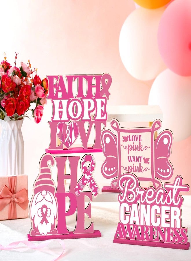 Quzzil 6 Pcs Breast Cancer Awareness Table Centerpiece Pink Ribbon Wooden Decorations Breast Cancer Table Topper Decorations for Women Charity Party Supplies (White,Pink) - Image 3