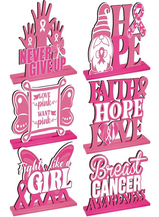 Quzzil 6 Pcs Breast Cancer Awareness Table Centerpiece Pink Ribbon Wooden Decorations Breast Cancer Table Topper Decorations for Women Charity Party Supplies (White,Pink) - Image 1