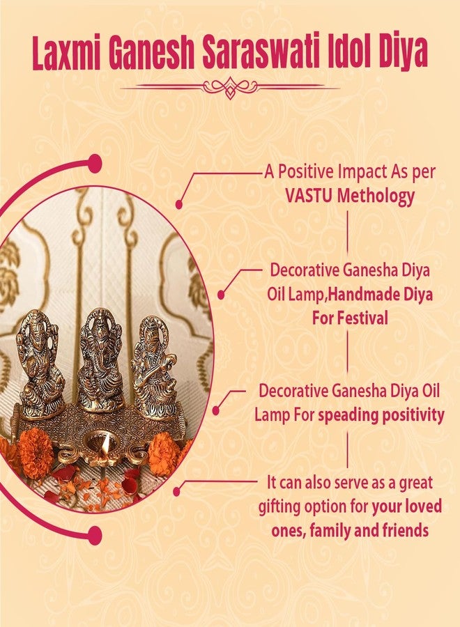 Klassic Laxmi Ganesh Saraswati Idol Diya Lamp with Elegant Antique Design | Decorative Puja Diya for Home Temple, Diwali & Festive Gifting | Traditional Spiritual Décor (Pack of 1) - Image 5