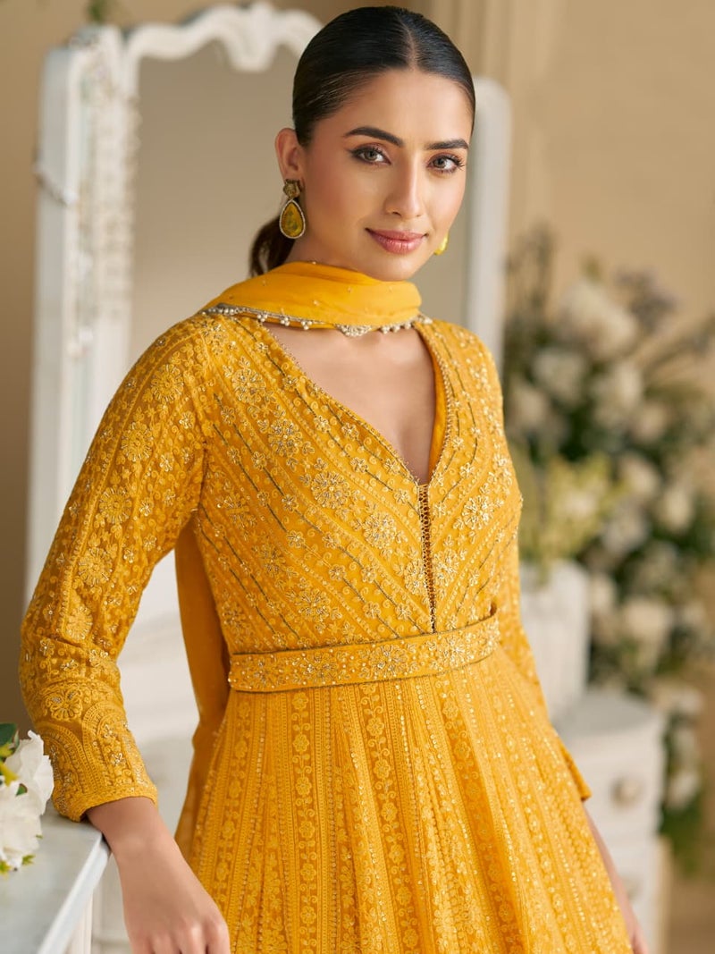 ANAITA Yellow Georgette Free Size Stitched Anarkali Suit with Embroidery & Sequence Work - Image 2