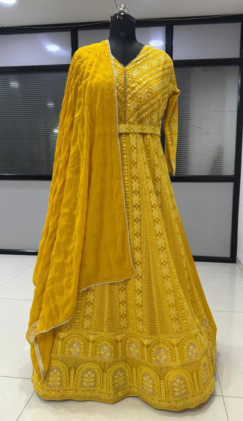 ANAITA Yellow Georgette Free Size Stitched Anarkali Suit with Embroidery & Sequence Work - Image 3