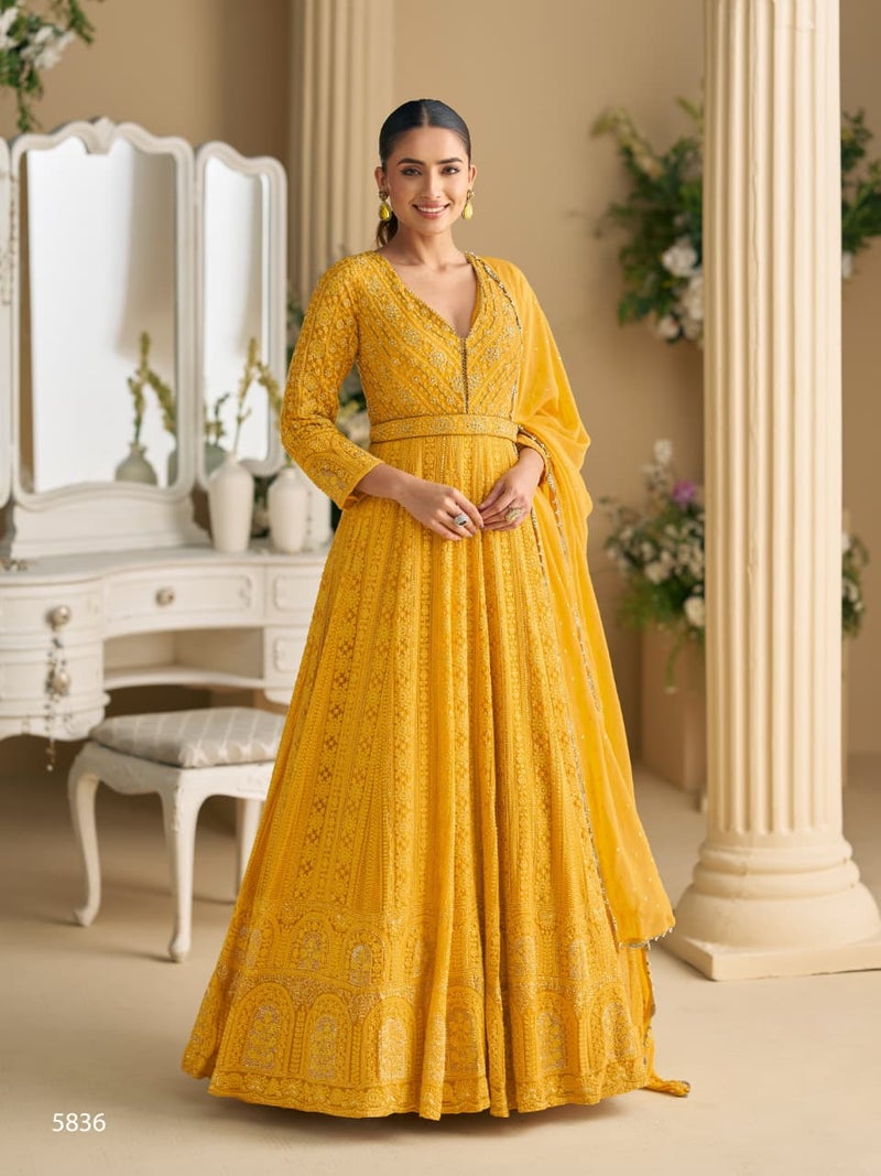 ANAITA Yellow Georgette Free Size Stitched Anarkali Suit with Embroidery & Sequence Work - Image 1