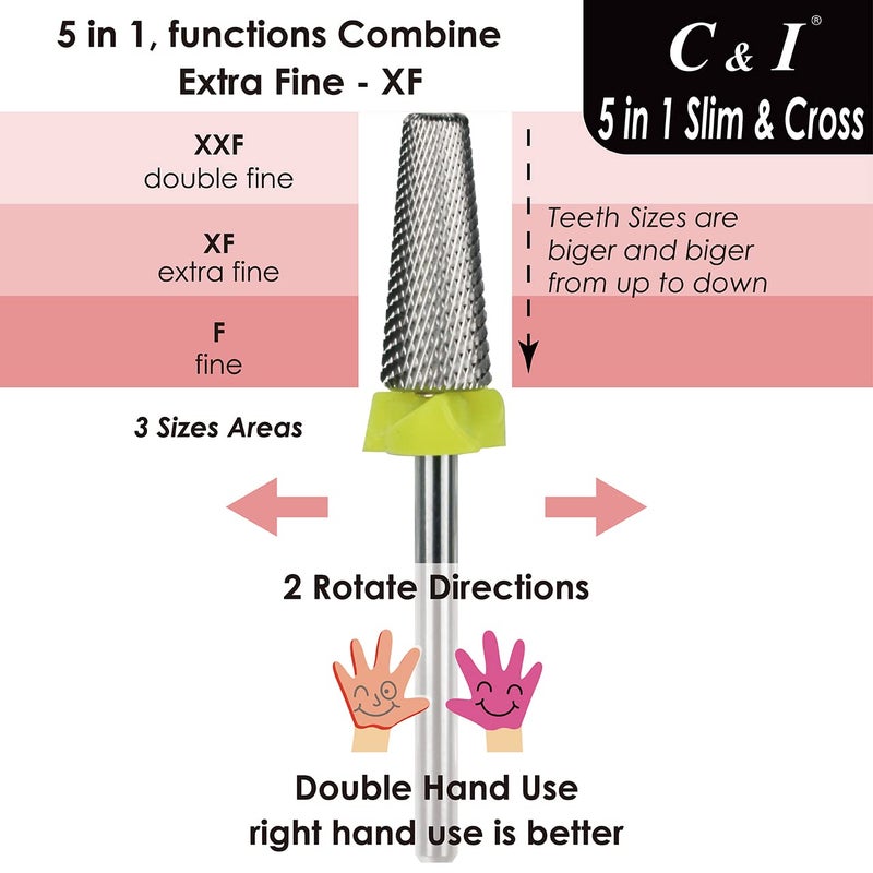 C & I 5 in 1 Nail Drill Bit, Cross & Slim Edition, Professional Nail Drills for Electric Manicure Drill Machine (Extra Fine -XF) - Image 2