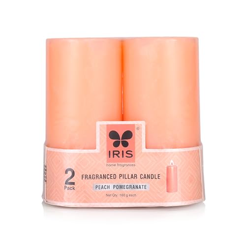 IRIS Home fragrances Pack of 2 Peach Pomegranate Fragranced Pillar Candles- 160gm Each- 2"X 4" (Peach Pomogranate) - Image 2