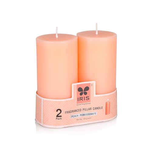 IRIS Home fragrances Pack of 2 Peach Pomegranate Fragranced Pillar Candles- 160gm Each- 2"X 4" (Peach Pomogranate) - Image 3