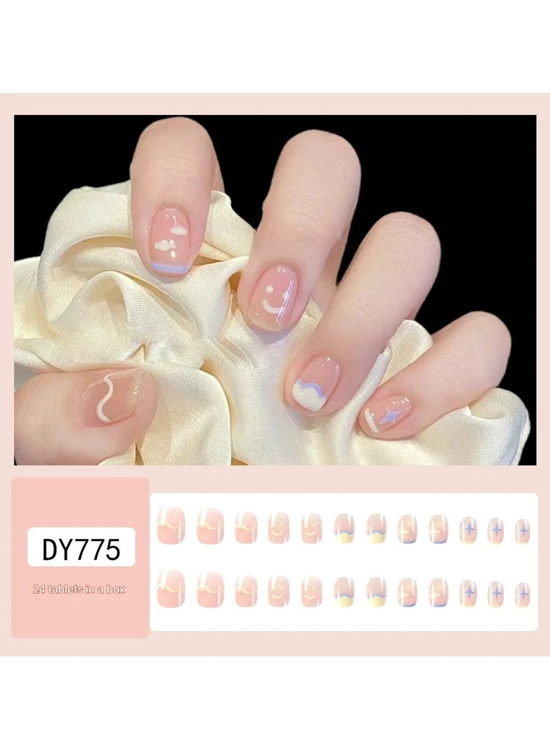 Goolsky Cute Doodle Press On Nails Smiley Face Cloud Star Design Sweet Style Fake Nail Tips Set  - Image 1