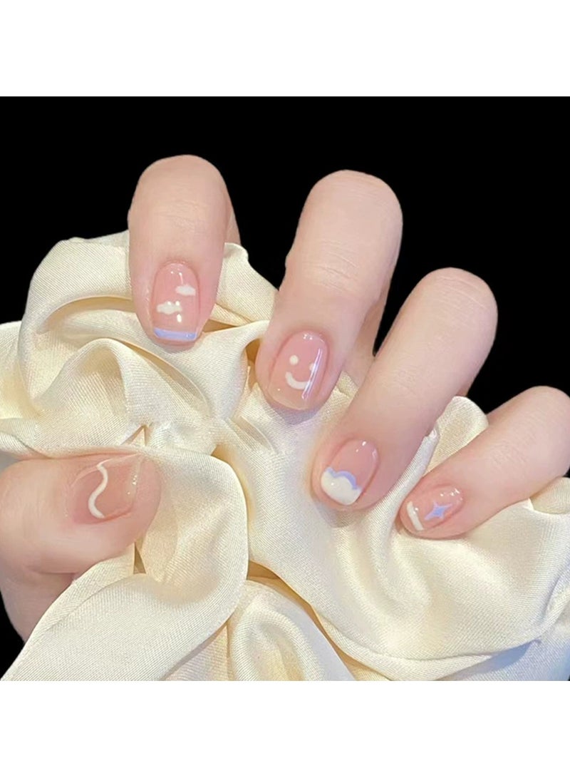 Goolsky Cute Doodle Press On Nails Smiley Face Cloud Star Design Sweet Style Fake Nail Tips Set  - Image 2