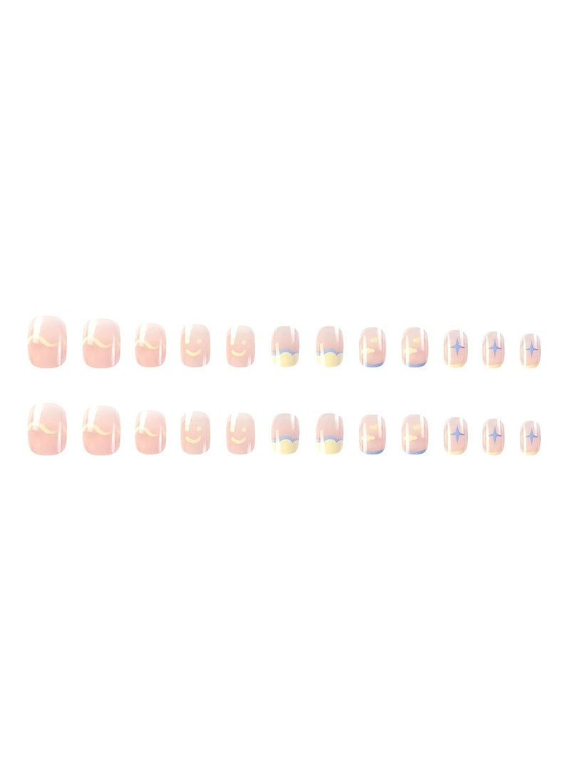 Goolsky Cute Doodle Press On Nails Smiley Face Cloud Star Design Sweet Style Fake Nail Tips Set  - Image 3