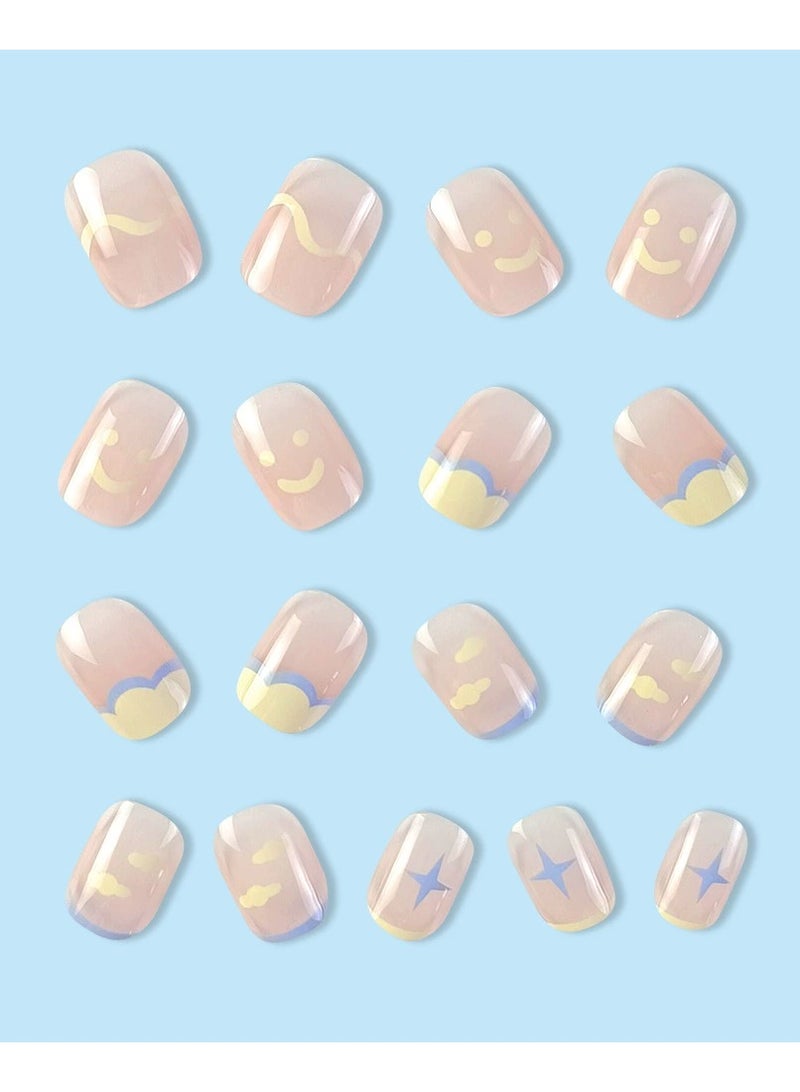 Goolsky Cute Doodle Press On Nails Smiley Face Cloud Star Design Sweet Style Fake Nail Tips Set  - Image 4