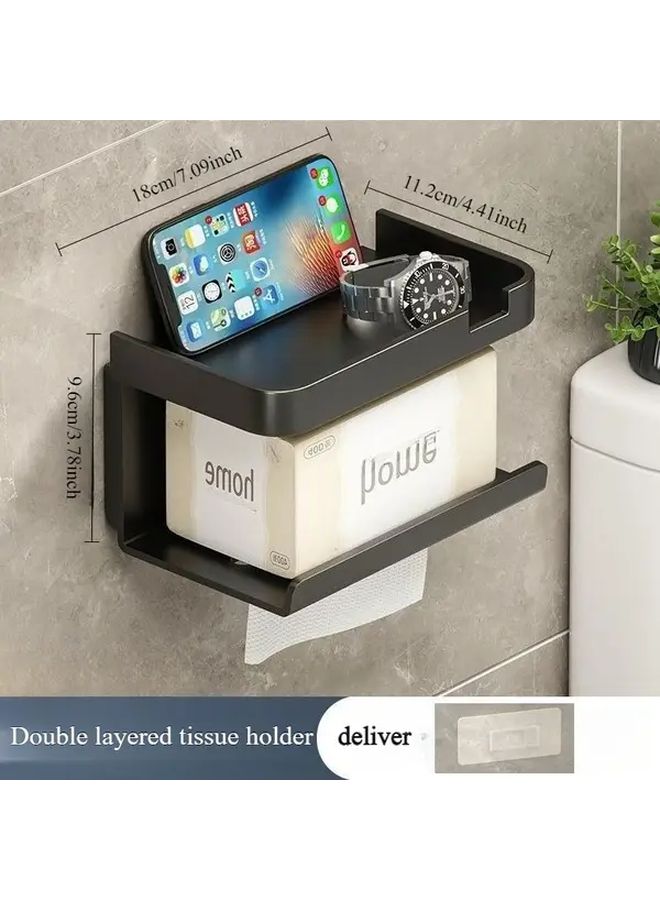 Wall Mounted Toilet Paper Holder With Phone Shelf No Drill Installation Black - Image 4