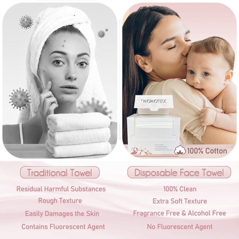 WOWOTEX 100% Cotton Disposable Face Towel 200 Count 10x12 Inch | Biodegradable Thick Soft One Time Use Dry Wipes for Sensitive Skin, Baby Care, Facial Cleaning, Makeup Removal - Image 4