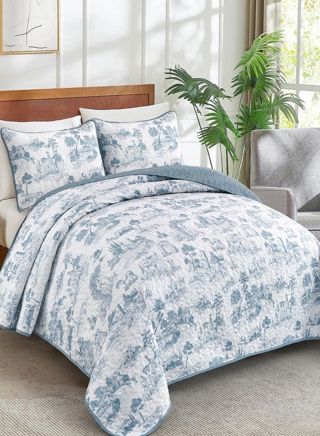 Drucon Botanical Quilt Set King Size, 3 Pieces Blue Plants Printed Bedding Set, Soft Microfiber Coverlet and Lightweight Bedspread for All Season (104"x90") - Image 2