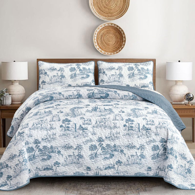 Drucon Botanical Quilt Set King Size, 3 Pieces Blue Plants Printed Bedding Set, Soft Microfiber Coverlet and Lightweight Bedspread for All Season (104"x90") - Image 1