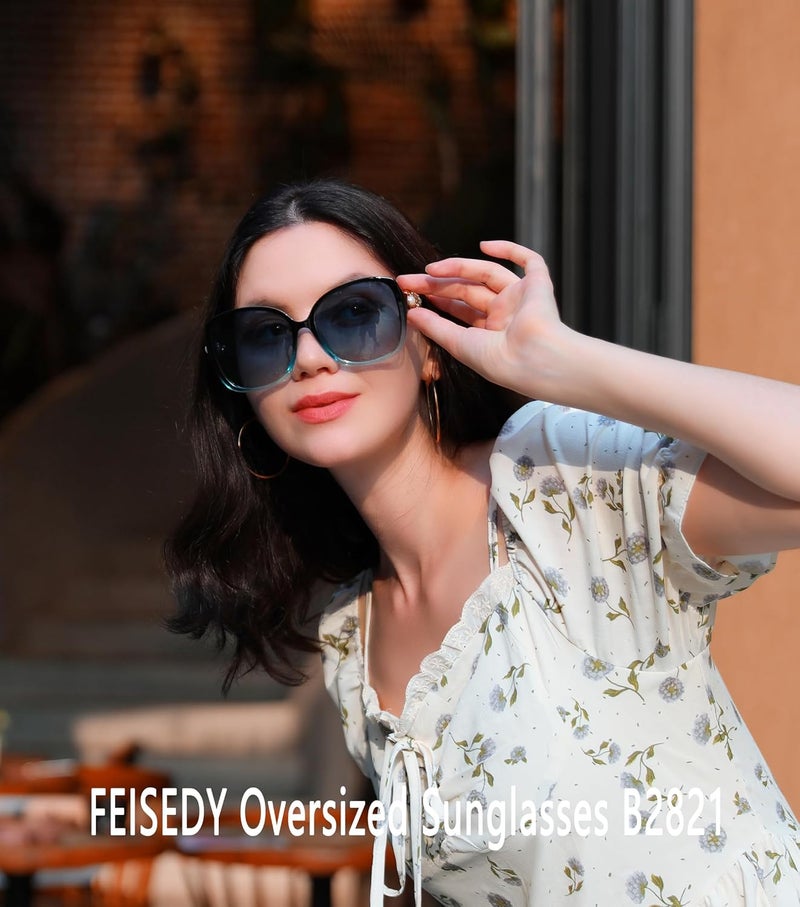FEISEDY Polarized Fashion Sunglasses Oversized Women Trendy Square Frame with Pearl Sparkling B2821 - Image 2