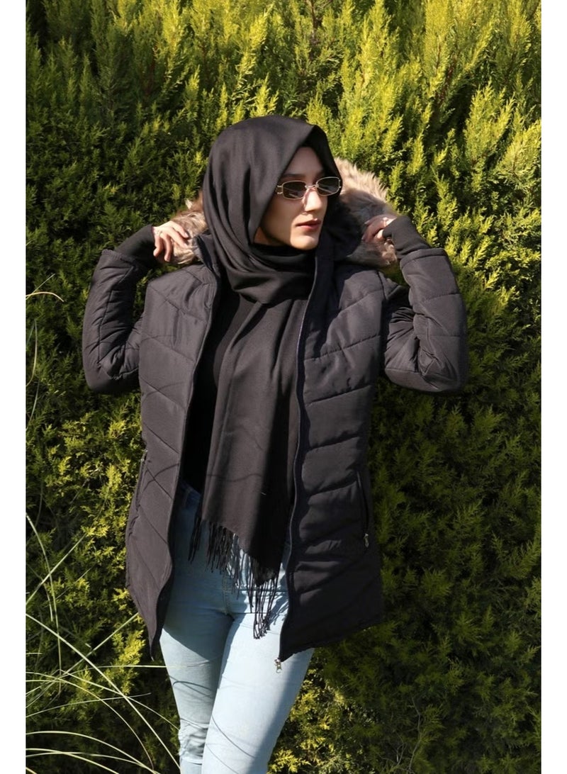 Barbora Glove Detailed Furry Hooded Inflatable Hijab Coat BT121BLACKTESETTÜR - Image 3