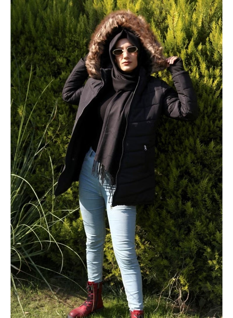 Barbora Glove Detailed Furry Hooded Inflatable Hijab Coat BT121BLACKTESETTÜR - Image 1