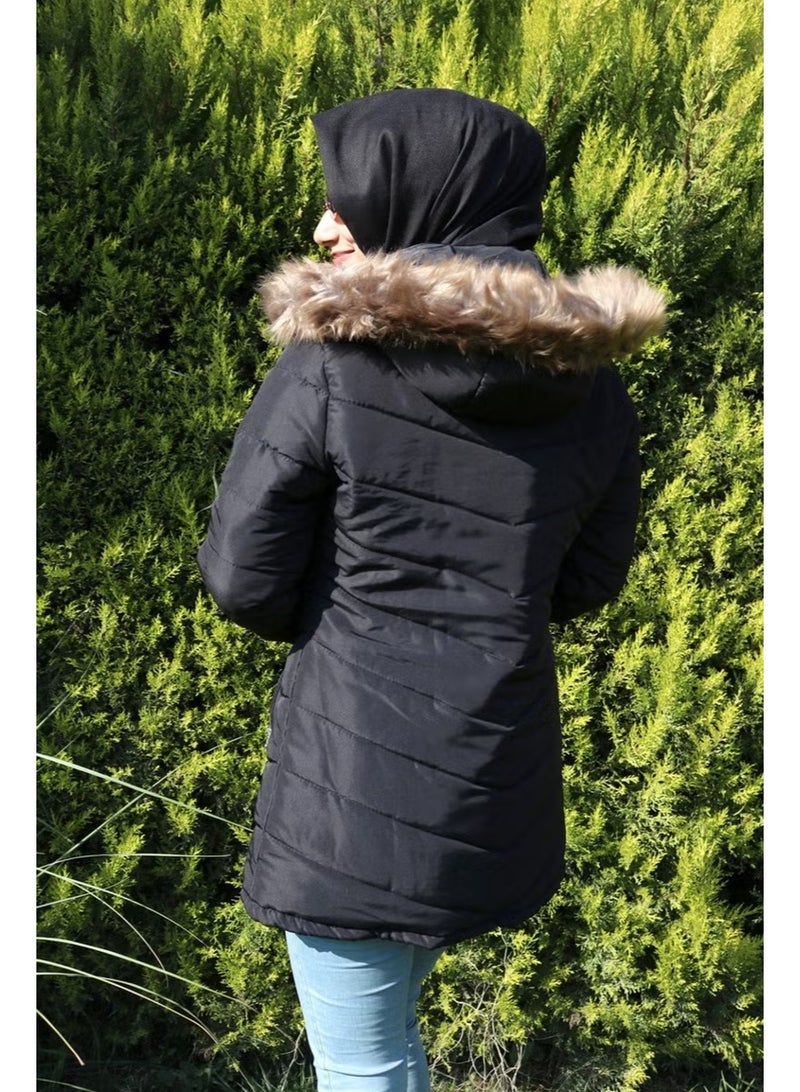 Barbora Glove Detailed Furry Hooded Inflatable Hijab Coat BT121BLACKTESETTÜR - Image 2