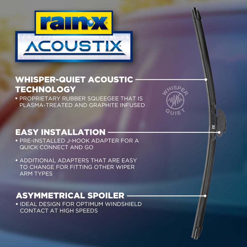 Rain-X مساحات زجاج أمامي Rain-X Acoustix 24" (عبوة من 1)، استبدال هادئ للسيارات، معالجة بالبلازما وطلاء مدعم بالجرافيت لأداء سلس ودوام طويل - Image 1