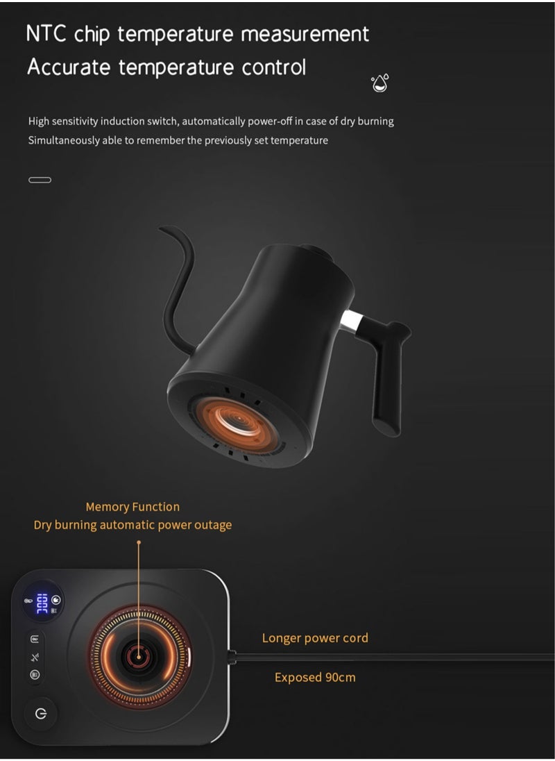 Brutelle - Gooseneck Kettle V60 Coffee Kettle 900ML 1200W Power Knob Temperature Adjustment with Digital Display Temperature Automatic Insulation Stainless Steel Material Suitable for Home and Office - Image 1