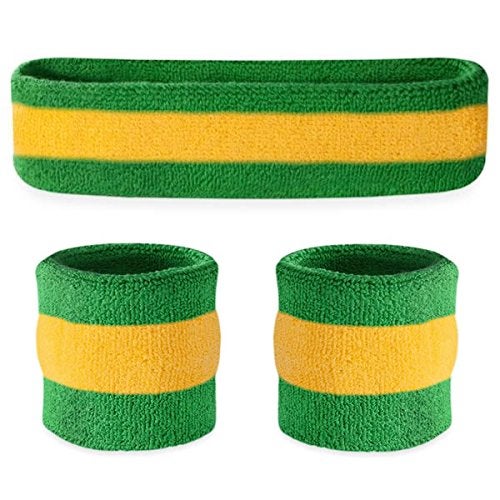Suddora Striped Sweatband Set, Moisture Wicking 2 Wristbands and 1 Headband, Breathable Athletic Sweat Bands for Sports, Costumes & Cosplay, Matching Bands to Wear with Jersey, Green Yellow Green - Image 1