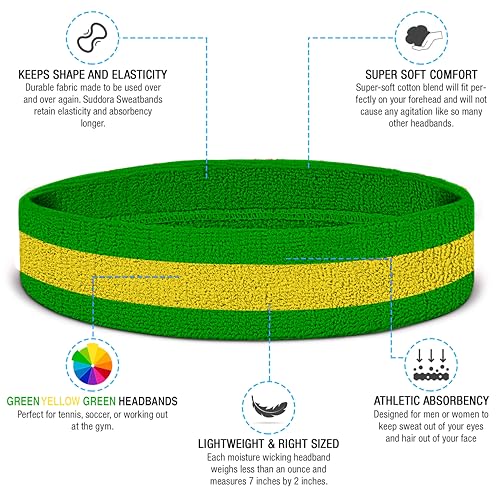 Suddora Striped Sweatband Set, Moisture Wicking 2 Wristbands and 1 Headband, Breathable Athletic Sweat Bands for Sports, Costumes & Cosplay, Matching Bands to Wear with Jersey, Green Yellow Green - Image 3
