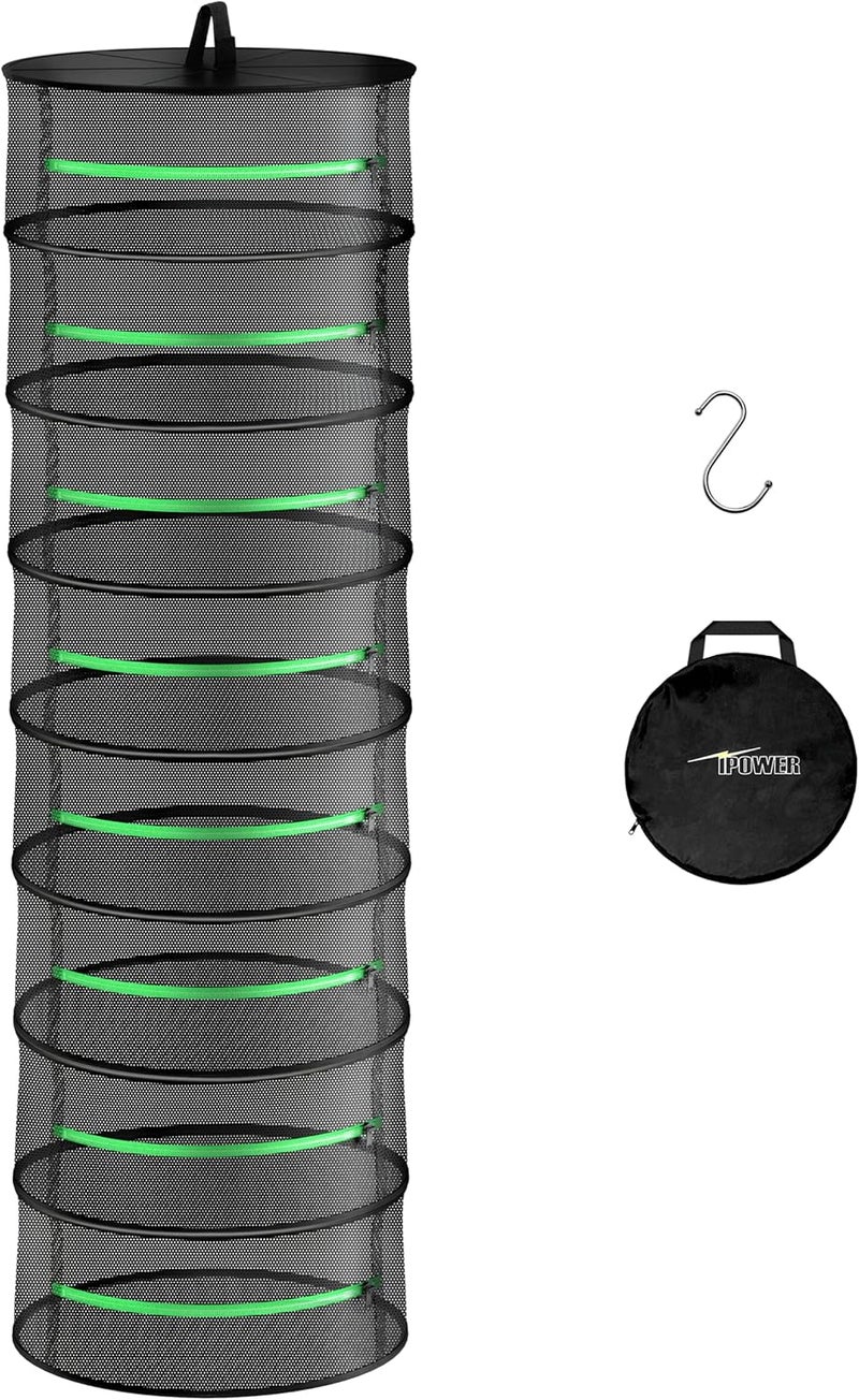 iPower 2ft 8-Layer Foldable Herb Mesh Rack with Zippers Hanging Drying Net Heavy Duty Ring for Hydroponic Plant, Free Storage Bag and Hook Included - Image 1