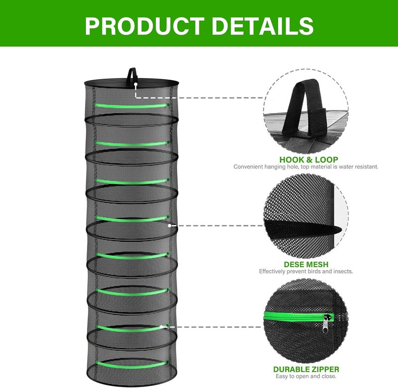 iPower 2ft 8-Layer Foldable Herb Mesh Rack with Zippers Hanging Drying Net Heavy Duty Ring for Hydroponic Plant, Free Storage Bag and Hook Included - Image 2