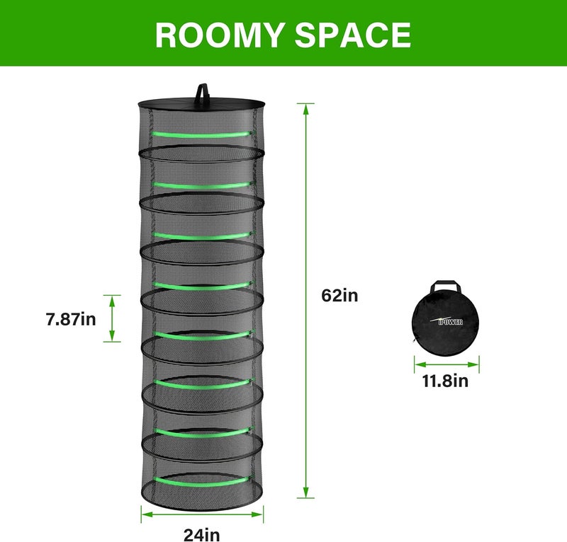 iPower 2ft 8-Layer Foldable Herb Mesh Rack with Zippers Hanging Drying Net Heavy Duty Ring for Hydroponic Plant, Free Storage Bag and Hook Included - Image 4