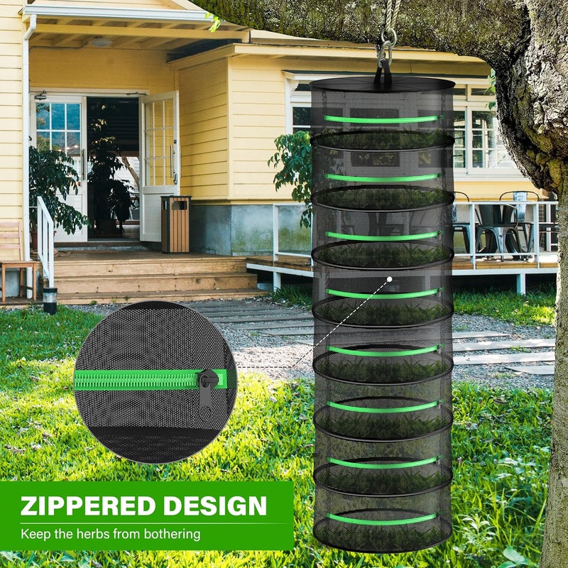 iPower 2ft 8-Layer Foldable Herb Mesh Rack with Zippers Hanging Drying Net Heavy Duty Ring for Hydroponic Plant, Free Storage Bag and Hook Included - Image 3