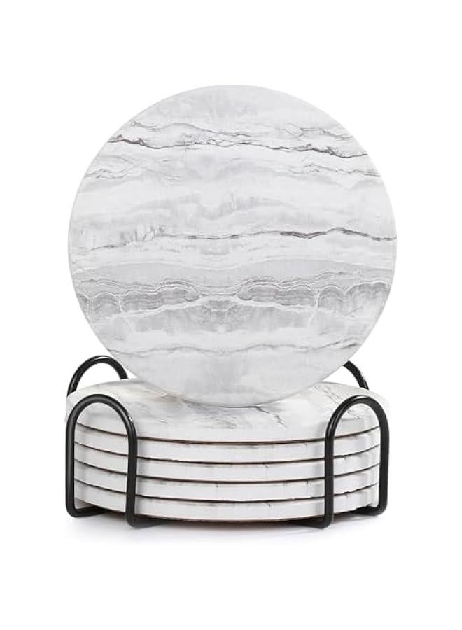 هوكور واقيات مشروبات بحامل، طقم كوستر ماص مكون من 6 قطع، واقيات مشروبات من السيراميك بنمط الرخام لحماية سطح الطاولة، مناسب لأنواع الأكواب، طاولة خشبية، ديكور منزلي رائع، 4 بوصة (رمادي) - Image 1