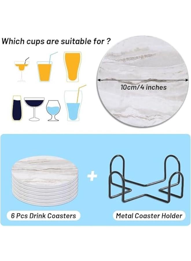 هوكور واقيات مشروبات بحامل، طقم كوستر ماص مكون من 6 قطع، واقيات مشروبات من السيراميك بنمط الرخام لحماية سطح الطاولة، مناسب لأنواع الأكواب، طاولة خشبية، ديكور منزلي رائع، 4 بوصة (رمادي) - Image 2