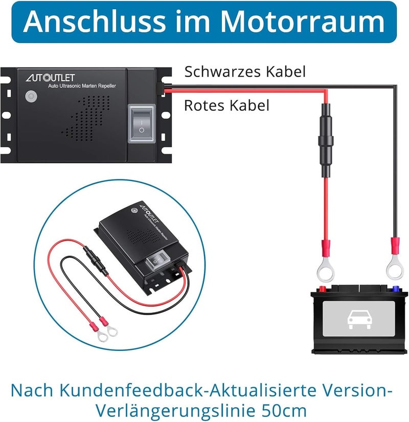 أوتو يوتيليت جهاز AUTOUTLET Marderschreck للسيارة، نغمات فوق صوتية للدفاع عن الدلق، حماية الدلق، ملحقات السيارة، توصيل ببطارية السيارة 12 فولت، مع أضواء مؤشر العمل، إصدار محدث سلك تمديد 50 سم جديد - Image 3