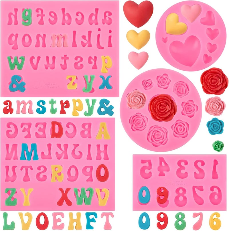 Puyeipt Silicone Letter Molds for Chocolate, 5 Pcs Alphabet Number Rose and Heart Shape Chocolate Molds, Fondant Molds for Candy Cupcake Desserts Cake Decorations - Image 1