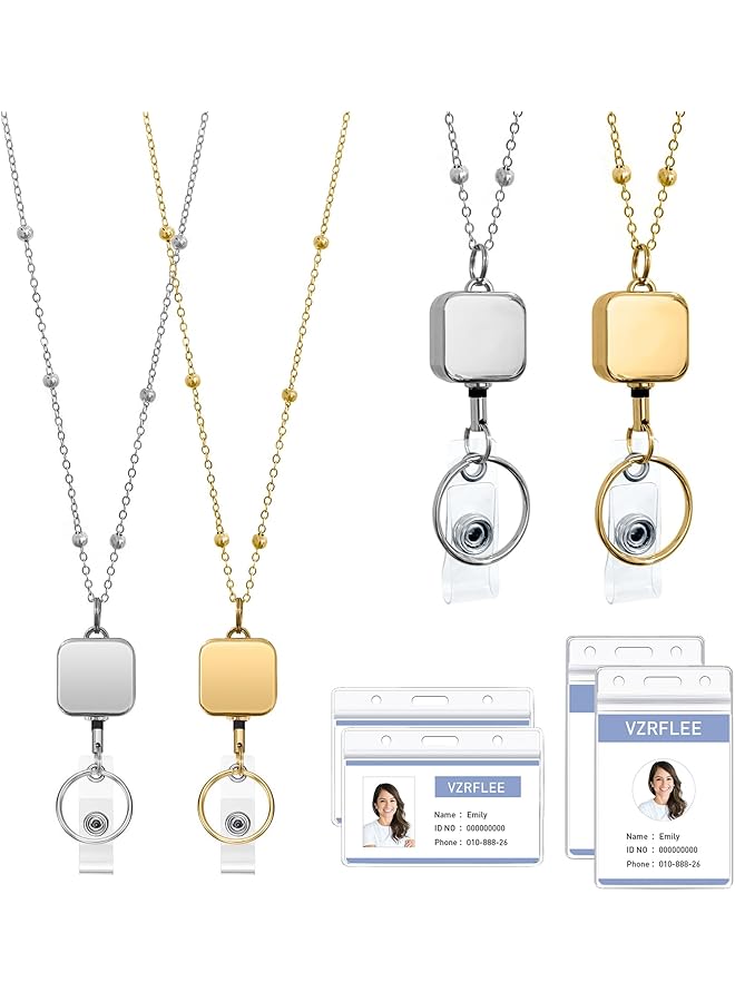 erorex Retractable Badge Reel Lanyard With Id Holders 2 Piece Lanyards For Id Badges With 4 Badge Holders Beaded Chain Premium Stainless Steel Lanyard Necklace For Women  - Image 1
